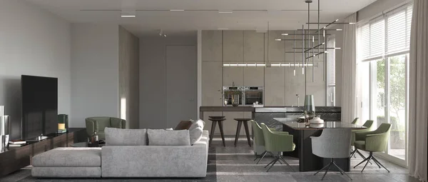 Minimalizm modern iç tasarım. Stüdyo yaşam, mutfak ve yemek odası. 3D görüntüleme. 3d illüstrasyon.