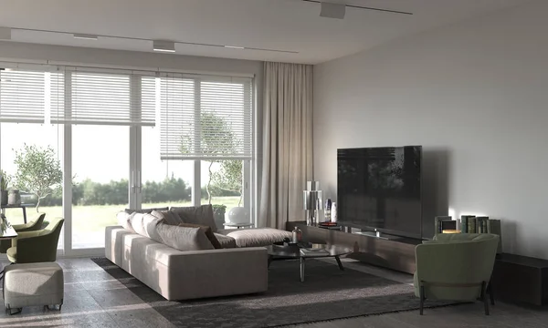 Minimalism modern interior design. Studio living room with sofa, armchair, carpet and TV zone. 3d rendering. 3d illustration.