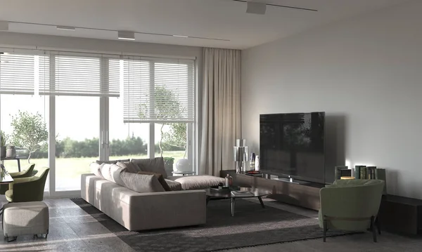 Minimalizm modern iç tasarım. Kanepesi, koltuğu, halısı ve televizyon sahası olan stüdyo odası. 3D görüntüleme. 3d illüstrasyon.