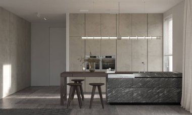 Minimalizm modern iç tasarım. Mutfak adası ve sandalyeli stüdyo mutfak odası. 3D görüntüleme. 3d illüstrasyon.