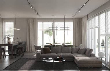 Minimalizm modern iç tasarım. Oturma odası, kanepe, halı ve kahve masası. Lüks masa ve sandalyeli yemek odası. 3D görüntüleme. 3d illüstrasyon.