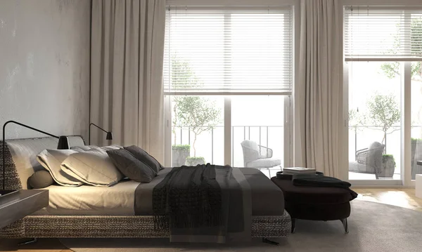 Minimalizm modern iç tasarım. Panoramik pencereli aydınlık yatak odası. Yatağın başucunda komodin ve lamba olan çağdaş bir yatak. 3D görüntüleme. 3d illüstrasyon.
