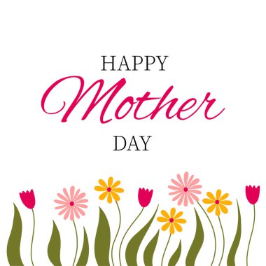 Üzerinde pembe çiçekler olan tebrik kartı, harflerle bırakıyor- Anneler Günün kutlu olsun. Poster, afiş, el ilanı, web, kart, anneler günü, davetiye, geçmiş, kutlama için vektör ilüstrasyonu.