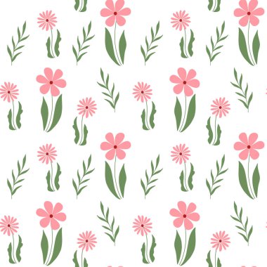 Çiçekli kusursuz bahar desenli çiçek papatya çayı, beyaz arka planda izole edilmiş yapraklar. Paket, kumaş, ağ, parti, davetiye, duvar kağıdı, düğün, tekstil, 8 Mart, Anneler Günü.