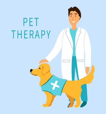 Hayvan terapisi için hizmet köpeği Golden Retriever 'ı olan bir erkek doktor, veteriner kliniği. Mavi arka planda izole edilmiş Canis terapi karikatür tarzı. Beyaz haçlı tişörtlü dost canlısı köpek. Vektör düz resimleme.