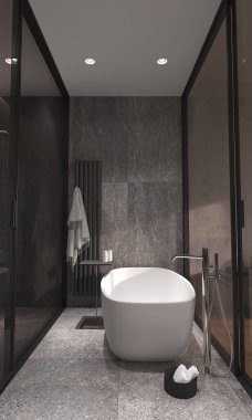 Minimalizm, cam bölmeli modern iç tasarım banyo. Duş, tuvalet, lavabo ve ayna ile çağdaş banyo. Modern taş efektleri. 3D görüntüleme. 3d illüstrasyon.