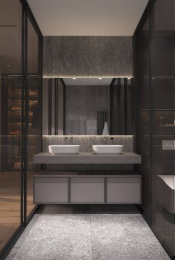 Minimalizm, cam bölmeli modern iç tasarım banyo. Dolap ve arka aydınlatma aynası olan çağdaş lavabo. Modern taş efektleri. 3D görüntüleme. 3d illüstrasyon.