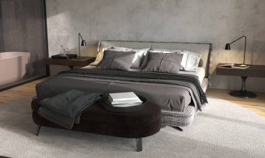 Panoramik pencereli minimalizm modern iç tasarım yatak odası. Komodinli ve komodinli çağdaş yatak. 3D görüntüleme. 3d illüstrasyon.