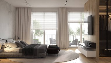 Panoramik pencereli minimalizm modern iç tasarım yatak odası. Komodinli ve komodinli çağdaş yatak. Tarz televizyon ve gardırop. 3D görüntüleme. 3d illüstrasyon.