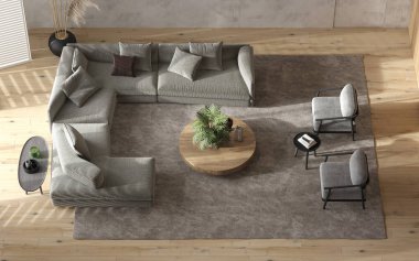 Minimalizm, modern İskandinav iç tasarımı. Parlak stüdyo oturma odası. Samimi tasarım büyük modüler kanepe, koltuk, ahşap lamba, televizyon ve yeşil bitkiler. Yukarıdan bak. 3 boyutlu görüntüleme. 3d illüstrasyon.