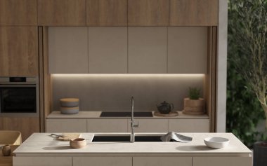 Minimalizm, modern İskandinav iç tasarımı. Stüdyo yaşam, mutfak ve yemek odası. Ahşap mutfak, mutfak adası, yeşil bitkiler ve tabaklar ile dekorasyon. 3 boyutlu görüntüleme. 3d illüstrasyon.