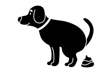 Siluet gülümseyen mutlu evcil hayvan tuvalete sıçıyor. Beyaz arkaplanda izole edilmiş şirin sembol vektör çizimi. Köpeğinin pisliğini, dışkısını, dışkısını, kakasını temizle. Park, bayrak, işaret, simge için tasarım.