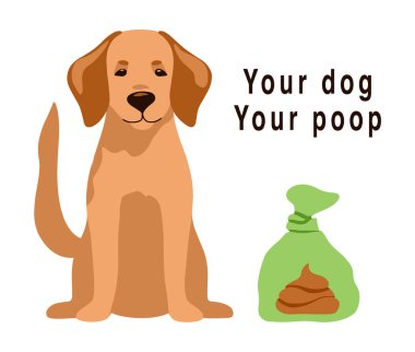 Beyaz arka planda plastik poşetteki evcil hayvan kakası. Şirin vektör illüstrasyon Labrador Retriever. Köpeğinin pisliğini temizle, pislik. Yayımlama parkı, afiş, el ilanı, ağ, işaret simgesi için tasarım.