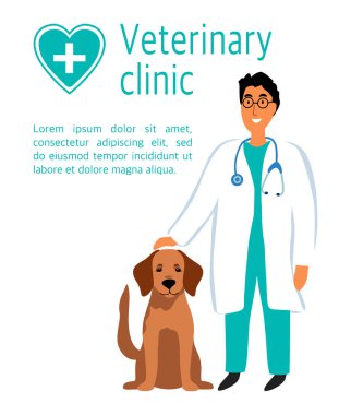 Golden Retriever köpeği olan veteriner erkek doktor. Hayvan bakım servisi. Pankart, broşür, iniş sayfası, blog, veteriner kliniği, veteriner ofisi ya da hastane için tasarım. Düz çizgi film vektör çizimi.
