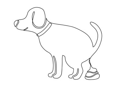 Dog pooping isolated. Warning clean up excrement, feces, shit. Care of environment and save nature park. Street banner, flyer, information sign. Drawn continuous line vector illustration one line art.