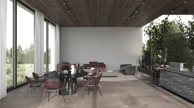 Modern mimari açık alan. Minimum iç dekorasyon mutfağı ve cam duvarın arkasında bitkiler olan oturma odası. Çağdaş kanepe ve koltuklar, taş fayanslar, ahşap tavan. 3d resimleme.
