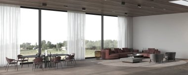 Panoramik geniş pencereli modern lüks ev orman manzaralı arka plan, taş zemin, beyaz duvar ve ahşap tavan. Minimum iç dizayn yemek ve oturma odası. 3d resimleme.