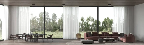 Panoramik Geniş Pencereli Modern Lüks Orman Manzaralı Arka Plan Taş — Stok fotoğraf