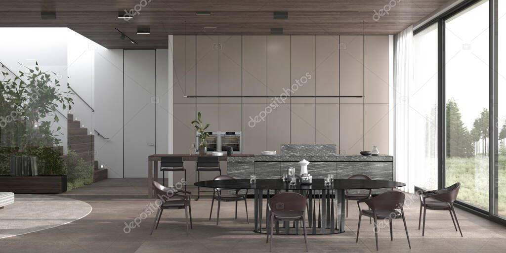 Modern architecture. Luxury minimalism interior design kitchen and dining room. Contemporary island table and chairs, panoramic windows view trees, stone floor, wooden ceiling. 3d render illustration.