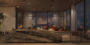 Zarif ve lüks açık yaşam, mutfak ve yemek odası gece ışıklandırması, mermer ada, taş zemin, ahşap tavan. Gece gökyüzüne bakan pencereler. 3d resimleme içerisiName.