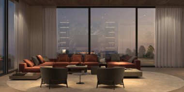 Panoramik pencereleri, doğa manzarası, taş zemini, beyaz duvarı ve ahşap tavanı olan modern lüks bir yer. Asgari apartman tasarımı yemek odası ve gece aydınlatmalı oturma odası. 3d resimleme.