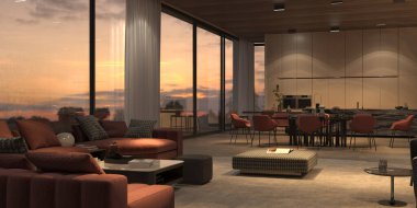 Zarif ve lüks, gece aydınlatmalı mutfak ve yemek odası, mermer ada, taş zemin, bej duvarlar, ahşap tavan. Günbatımına bakan pencereler. 3d resimleme içerisiName