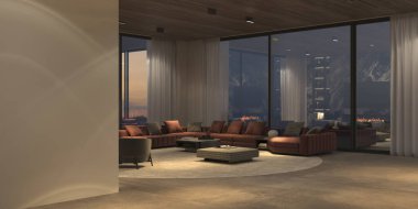 Modern lüks iç mekan panoramik pencereler ve doğa manzarası, taş zemin, beyaz duvar ve ahşap tavan. Minimum tasarım yemek ve gece ışıklandırmalı oturma odası. 3d resimleme.