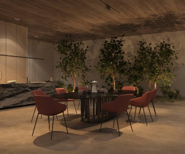 Zarif ve lüks açık mutfak ve yemek odası, gece ışıklandırması, yeşil bitkiler, ağaçlar, mermer ada, masa, taş zemin, ahşap tavan. 3D çizim parlak iç daire.