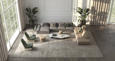 Panoramik pencereleri ve doğa manzarası olan modern lüks iç plan, bitkiler, beyaz klasik duvar modeli. Geniş pencereli bej tasarım oturma odası. 3d resimleme.
