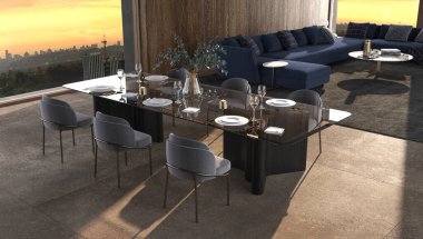 Şatafatlı oturma ve yemek odası, güneş ışınları ve şehir manzarası arka planı. Gece gökyüzüne bakan büyük bir pencere, servis masası. Zarif 3d çizim parlak renk iç tasarımı.