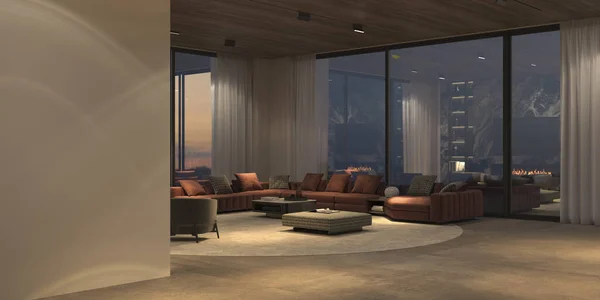 Modern lüks iç mekan panoramik pencereler ve doğa manzarası, taş zemin, beyaz duvar ve ahşap tavan. Minimum tasarım yemek ve gece ışıklandırmalı oturma odası. 3d resimleme.