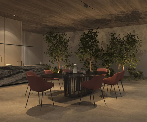 Élégante Luxueuse Cuisine Ouverte Salle Manger Avec Éclairage Nocturne Plantes — Photo