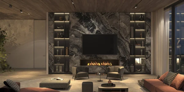 Zarif ve lüks oturma odası, gece aydınlatması, mermer televizyon duvarı, kitaplık, taş zemin, ahşap tavan. 3D resimleme şömineli parlak renk daire tasarımı.