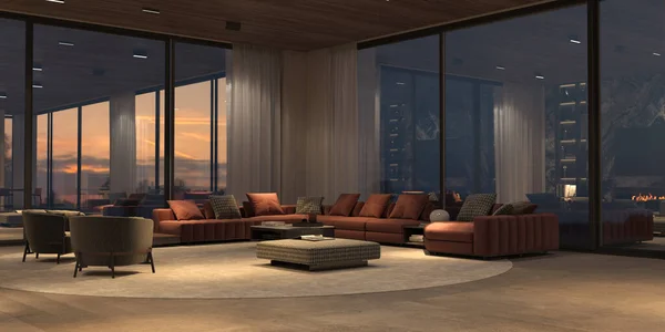 Luxury interior with panoramic windows and sunset view, modern large sofa with armchairs, carpet, stone floor and wooden ceiling. Design open living room with night lighting. 3d render illustration.