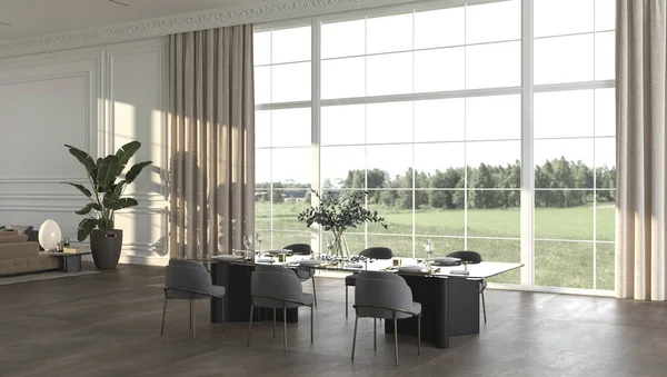 Luxe Eetkamer Met Zonneschijn Natuur Panorama Achtergrond Klassiek Groot Raam — Stockfoto