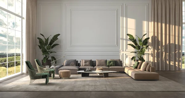 Panoramik pencereli ve doğa manzaralı modern lüks iç plan, bitkiler, klasik paneller, duvar modelleri. Büyük beyaz klasik pencereli bej tasarım oturma odası. 3d resimleme.