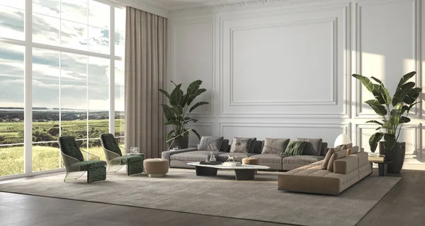 Modern lüks arka plan panoramik pencereler ve doğa manzarası, bitkiler, klasik paneller duvar modeli, bej kanepe. Büyük beyaz pencereli bir oturma odası tasarla. 3d resimleme.