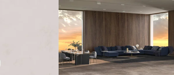 Moderner Luxuriöser Innenraum Mit Panoramafenstern Und Naturblick Steinboden Beige Gipsdecke — Stockfoto