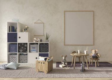 Children room interior scandinavian style with mock up frame on wall background