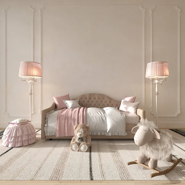 Çocuk odasının içi klasik tarzda. Pembe çocuklar için yatak odası. Arka plandaki duvar modelini yap. 3d resimleme.