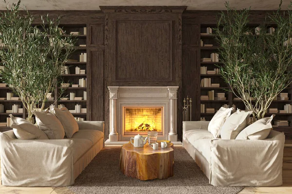 Scandinavian farmhouse style living room interior with bookshelf and fireplace. Mock up. 3d render illustration. — Stock Photo, Image