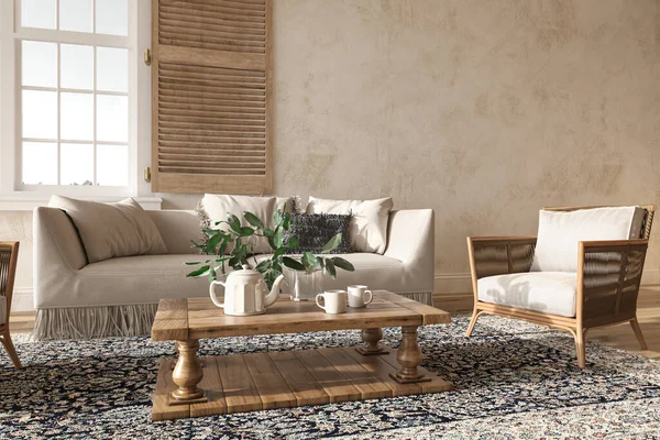 Escandinávia estilo fazenda bege sala de estar interior com estuque natural e bonito tapete. Prepara o fundo da parede. 3d renderizar ilustração. — Fotografia de Stock