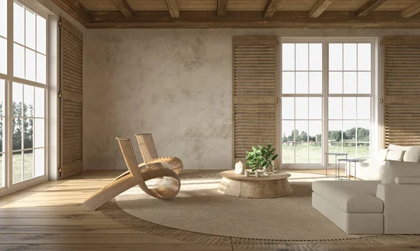 Ferme scandinave style beige salon intérieur avec meubles en bois naturel. Maquette de fond mural. Illustration de rendu 3D. — Photo