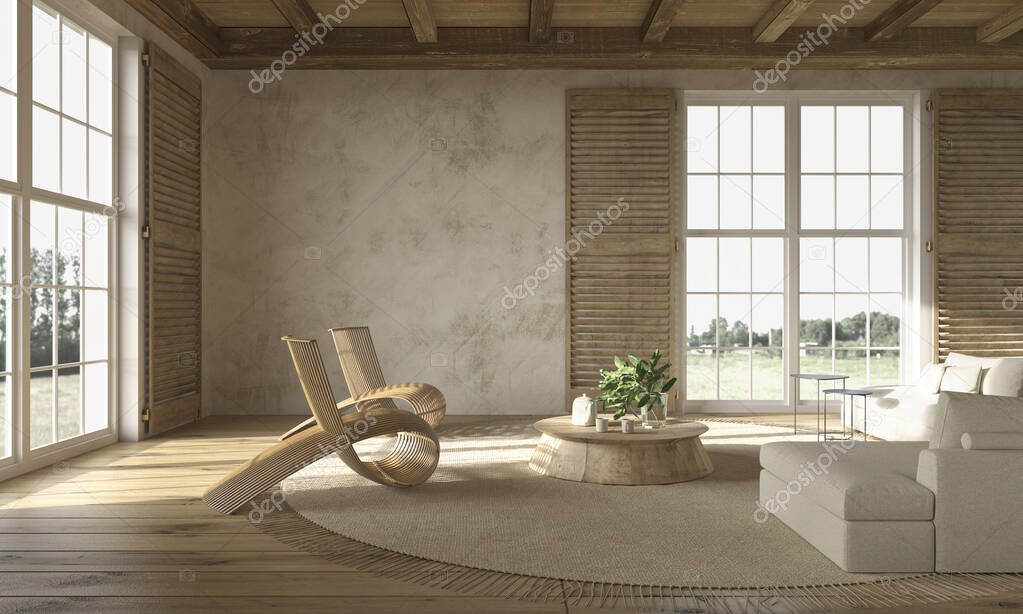 Scandinavian farmhouse style beige living room interior with natural wooden furniture. Mock up wall background. 3d render illustration.