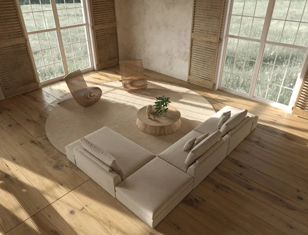 Escandinávia estilo fazenda bege sala de estar interior com mobiliário de madeira natural. Vista superior. 3d renderizar ilustração. — Fotografia de Stock