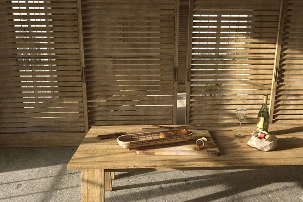 Escandinávia estilo fazenda cozinha de madeira bege. Mesa de jantar com comida. 3d renderizar ilustração. — Fotografia de Stock