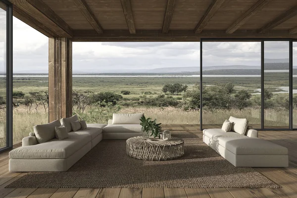 Design intérieur moderne espace ouvert salon. Grandes fenêtres et vue sur la nature. Maison terrasse extérieure 3d rendre illustration. — Photo