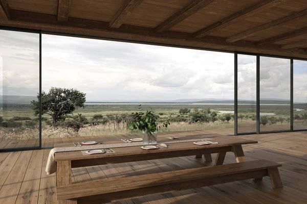 モダンなインテリアデザインの屋外テラス料理と木製のダイニングテーブル。パティオのドアをスライディング。自然景観と居心地の良いホーム3Dレンダリングイラスト. — ストック写真