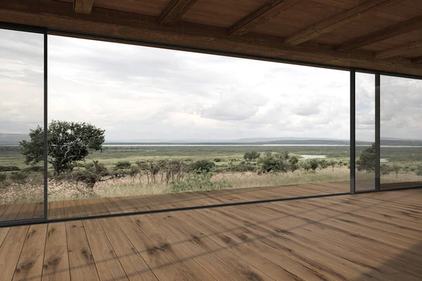 Terrasse extérieure design moderne vide avec portes-fenêtres coulissantes et plancher en bois. Maison contemporaine 3d rendre illustration avec vue sur la nature fond. — Photo