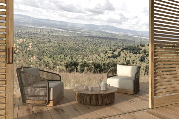 Design intérieur moderne terrasse extérieure avec mobilier. Portes coulissantes en bois. Maison confortable 3d rendu illustration avec vue sur le paysage. — Photo